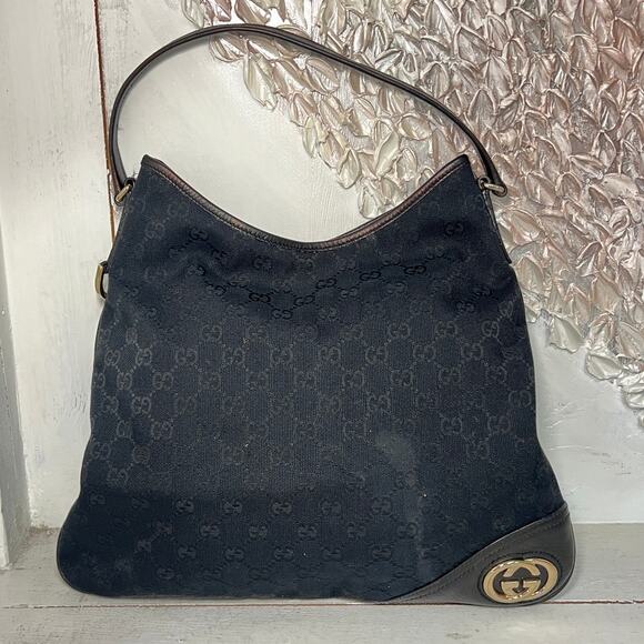 Vintage Gucci Monogram Canvas Britt Large Shoulder Hobo Handbag Black - Picture 1 of 7